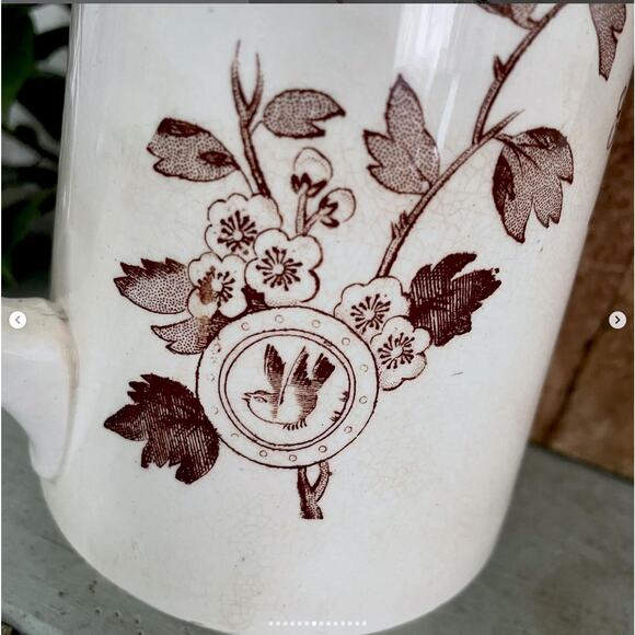 Vintage Ironstone Brown Transferware Pitcher Aesthetic Bird Stained Crazed - Picture 6 of 9